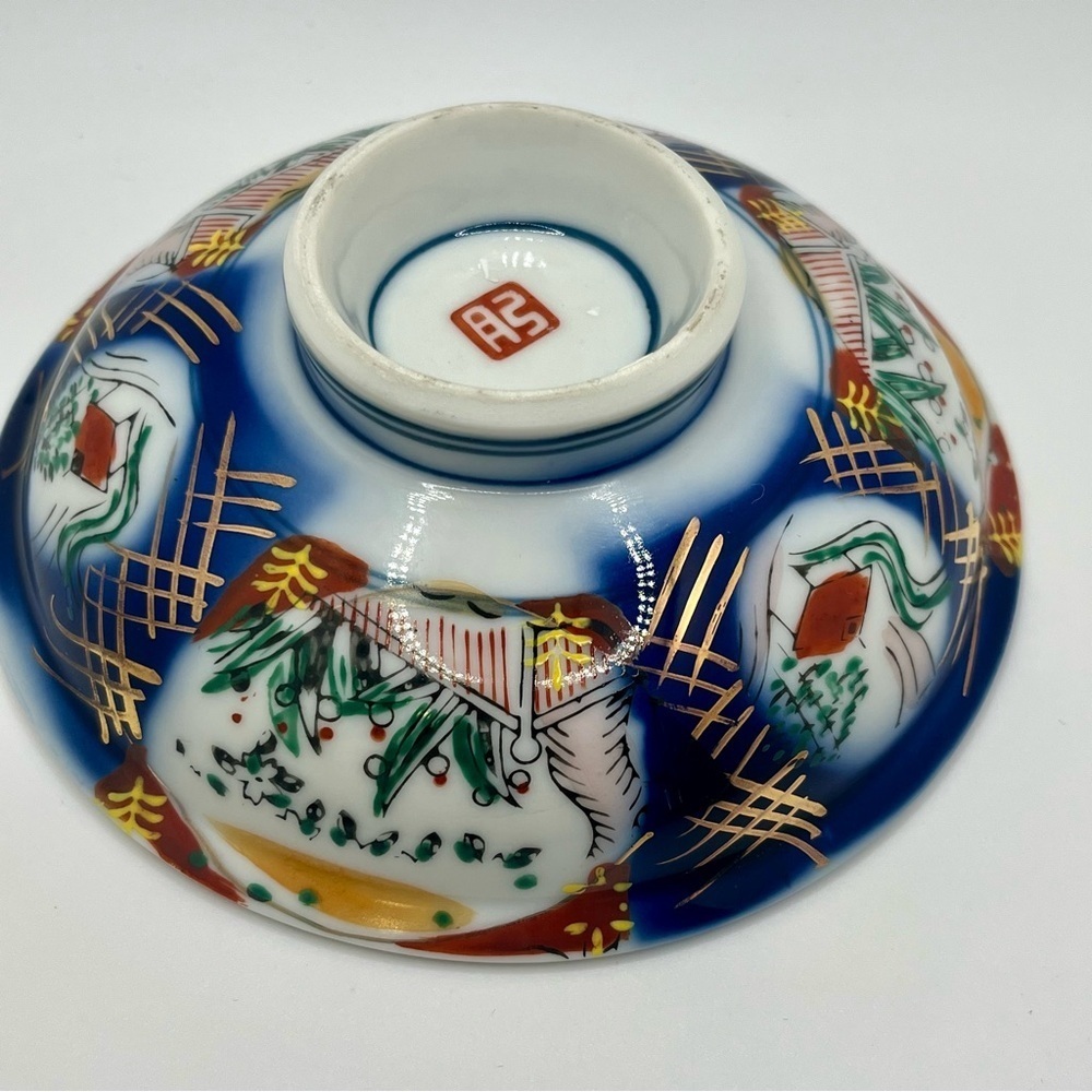 Vintage Hand Painted Japanese Porcelain Rice Bowl – Cobalt Blue & Gold – Marked